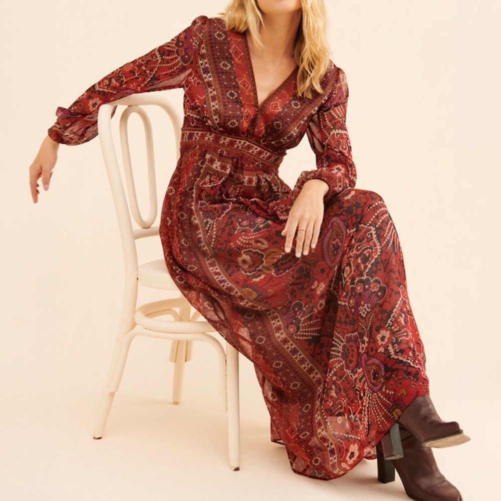 Ranna Gill Motif Maxi Dress Womens 10 Boho Red Paisley Floral Patchwork Chiffon